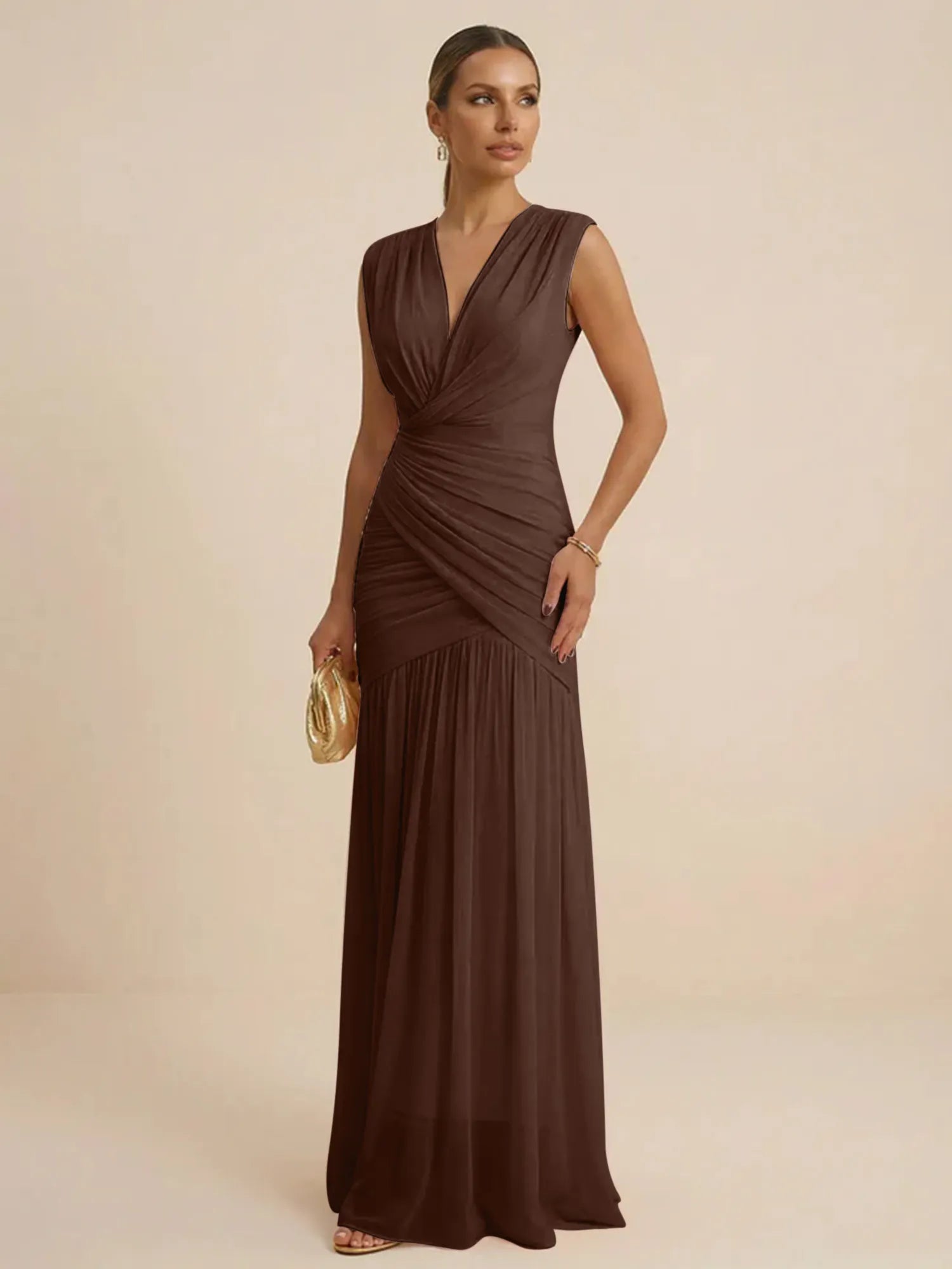Pink Regular Straps V Neck Chiffon Pleat Mermaid Maxi Dress