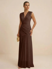 Pink Regular Straps V Neck Chiffon Pleat Mermaid Maxi Dress