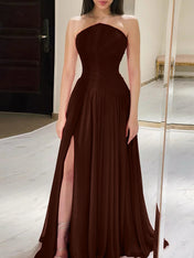 Red Pleated Chiffon Strapless Long Prom Dress with Slit