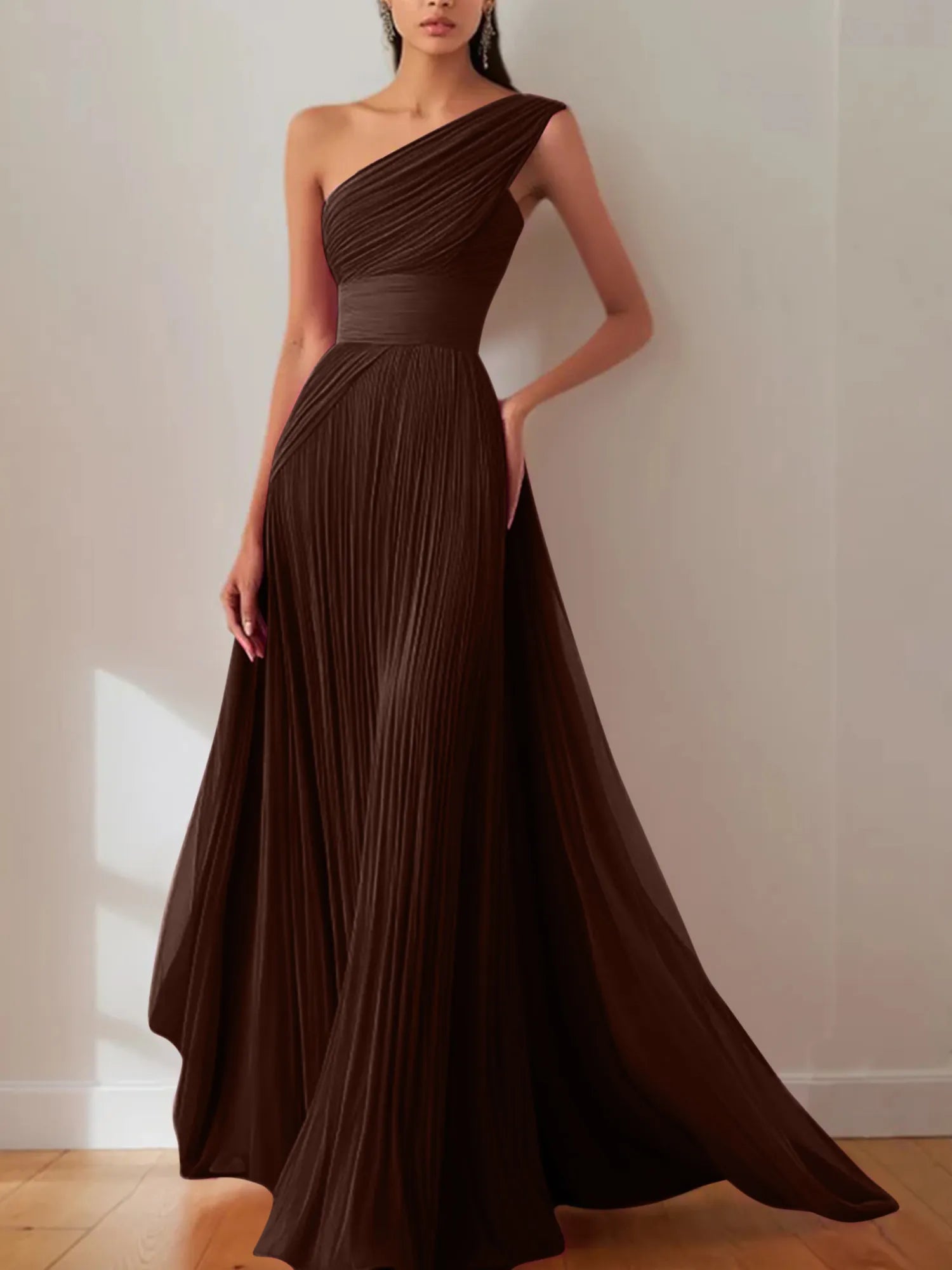 Prom Formal Pleated Dress Rose Color One-Shoulder Maxi Dress