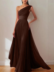 Prom Formal Pleated Dress Rose Color One-Shoulder Maxi Dress