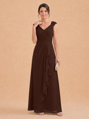 V-Neck Ruched Chiffon A-Line Mother of the Bride Dress with Cascading Ruffle