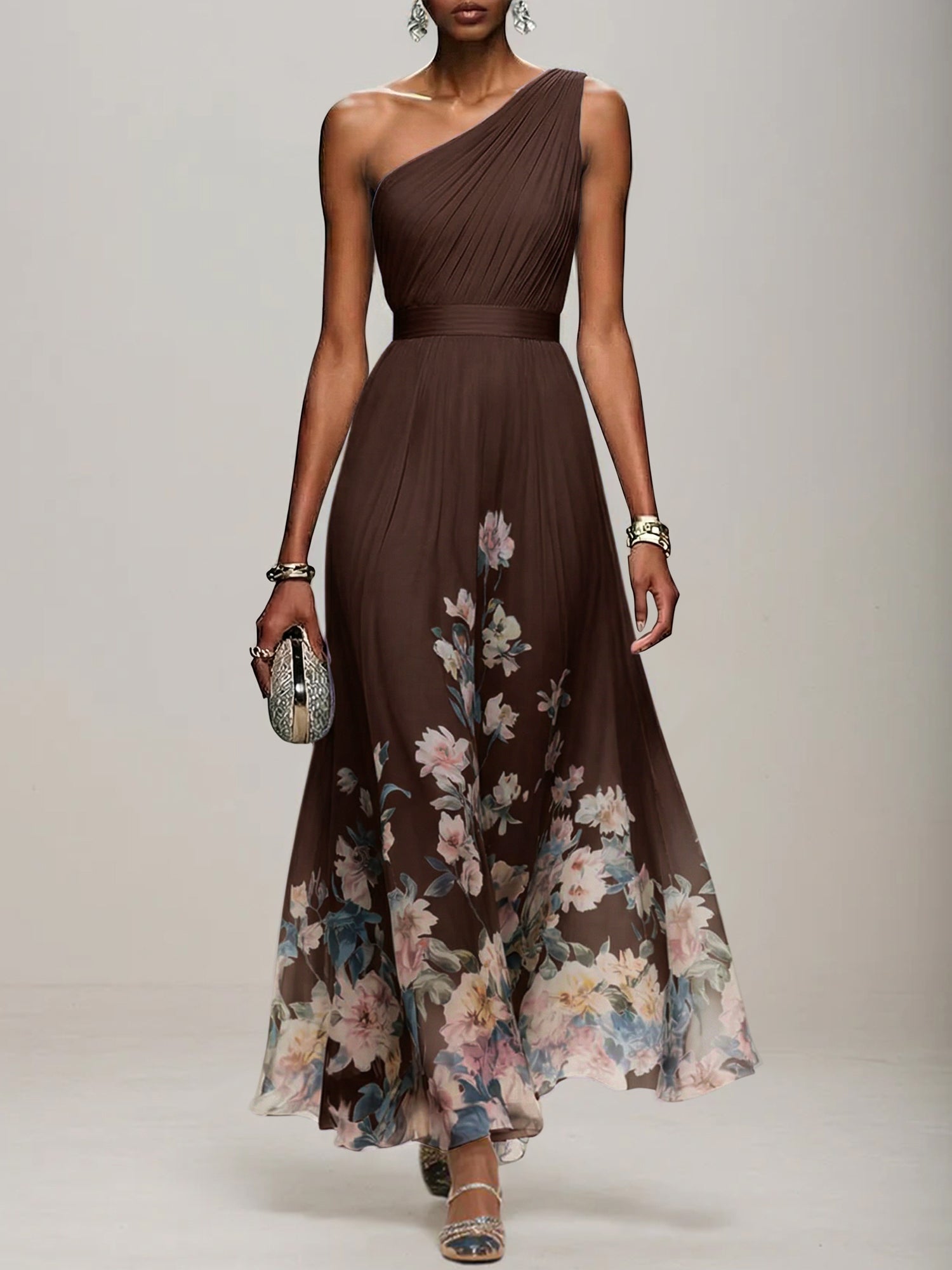 Light Blue Floral Chiffon One Shoulder Sleeveless A-Line Maxi Dress Gown