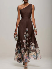 Light Blue Floral Chiffon One Shoulder Sleeveless A-Line Maxi Dress Gown