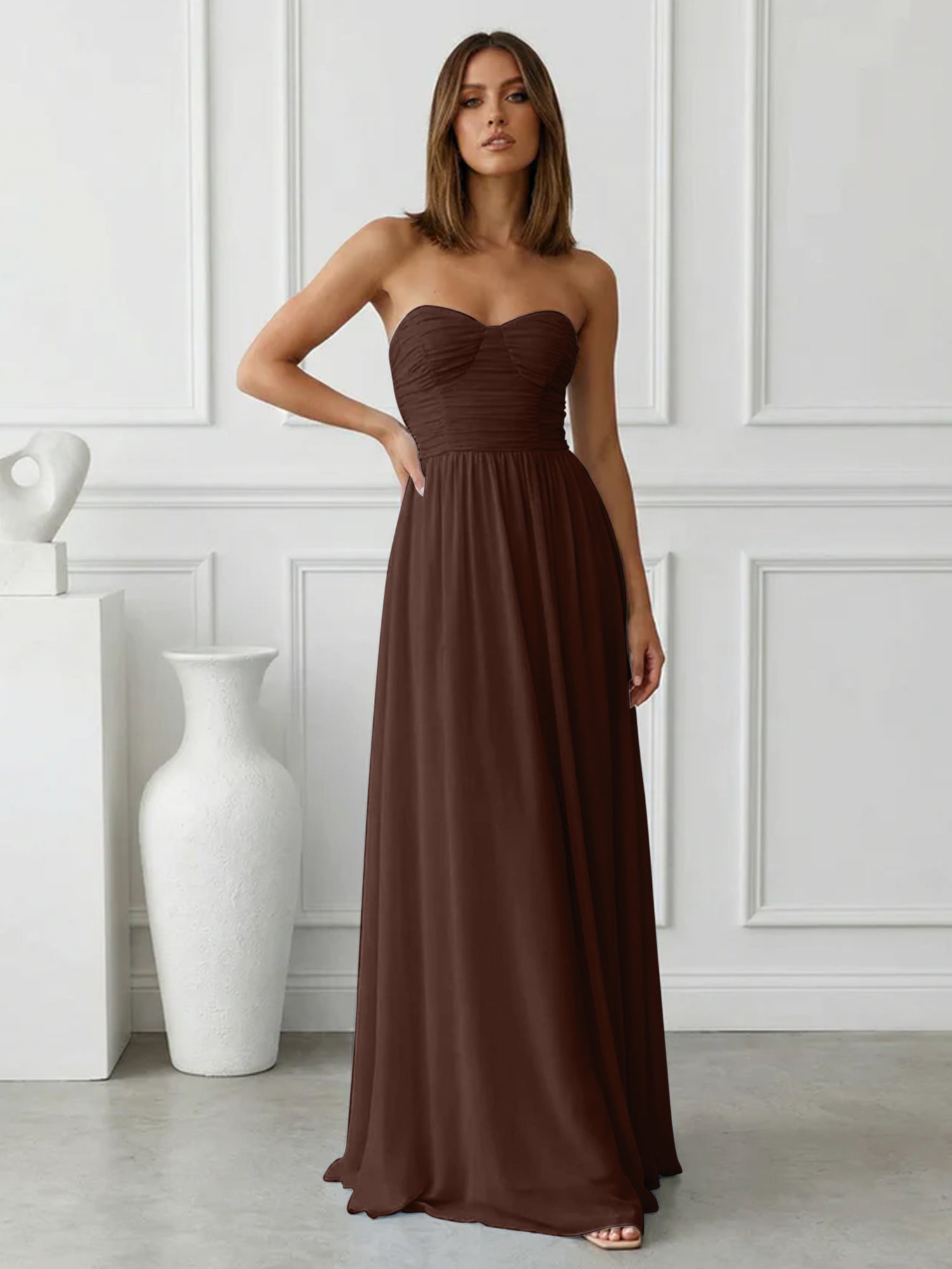 Light Blue Sweetheart Chiffon A Line Maxi Dress with Pleat