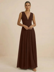 Teal Pleated V-Neck Chiffon Evening Gown with Ruched