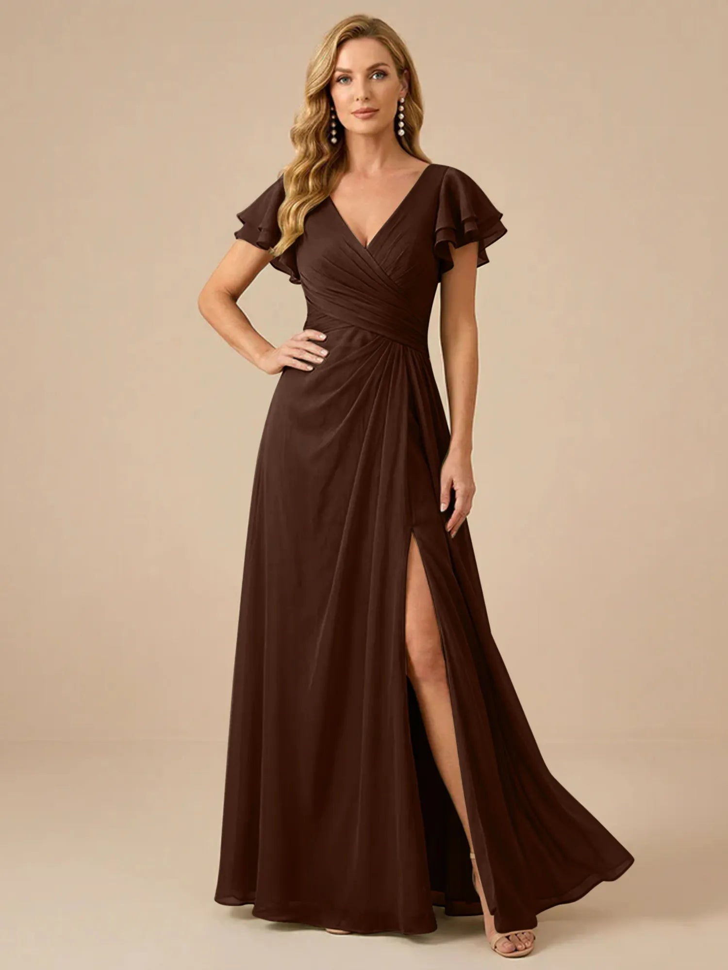 Sage Green V-Neck High-Slit Pleated Chiffon Dress