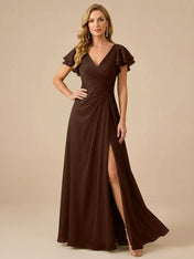 Sage Green V-Neck High-Slit Pleated Chiffon Dress