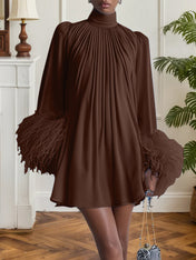 Blue Feather Ruched Chiffon Mock Neck Long Sleeve A-Line Mini Dress