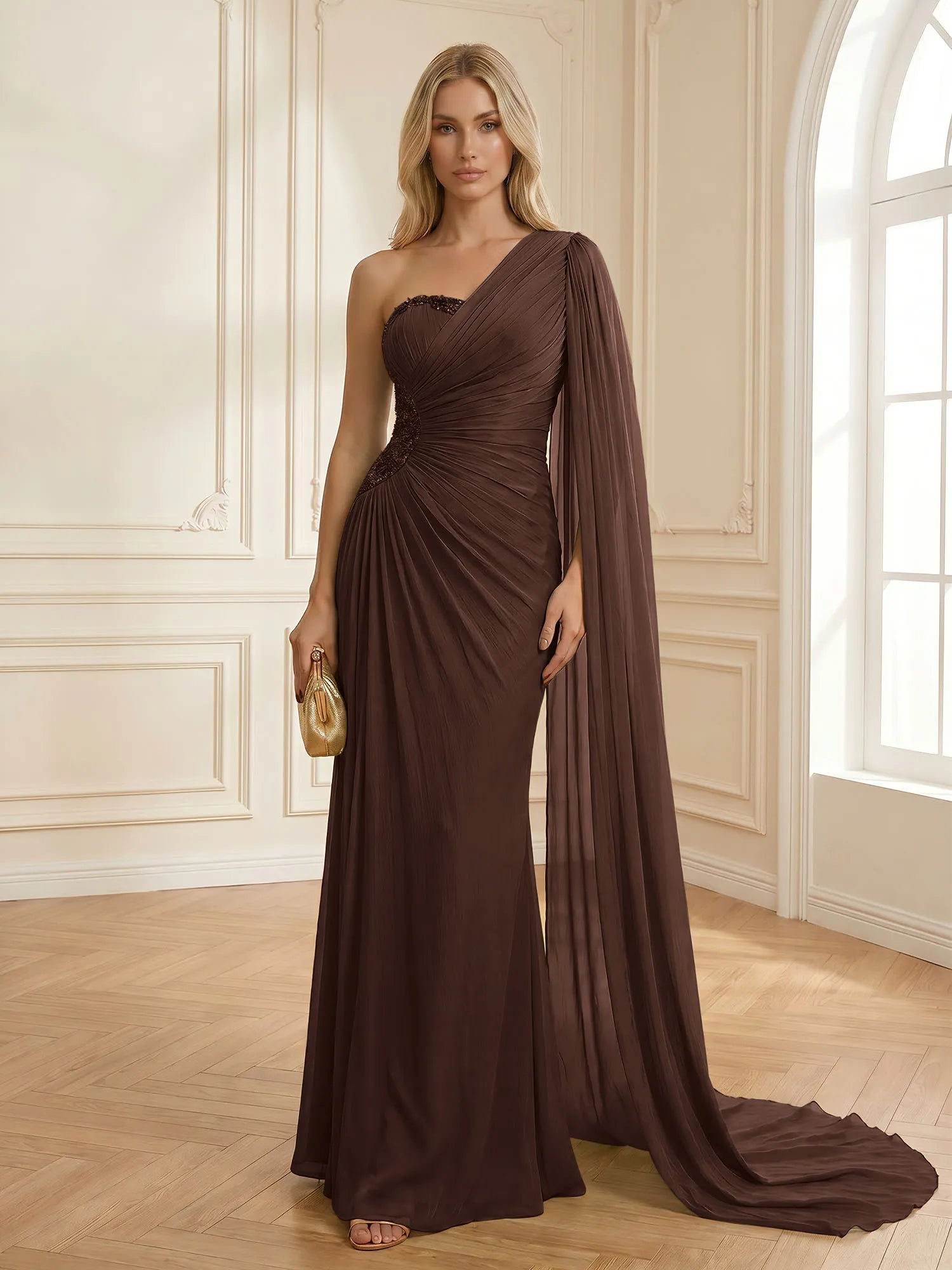 Sage Green One Shoulder Beaded Evening Gown with Cape Sleeve