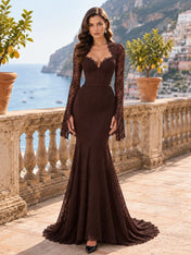 Long-Sleeve Lace-Trimmed Mermaid Evening Dress