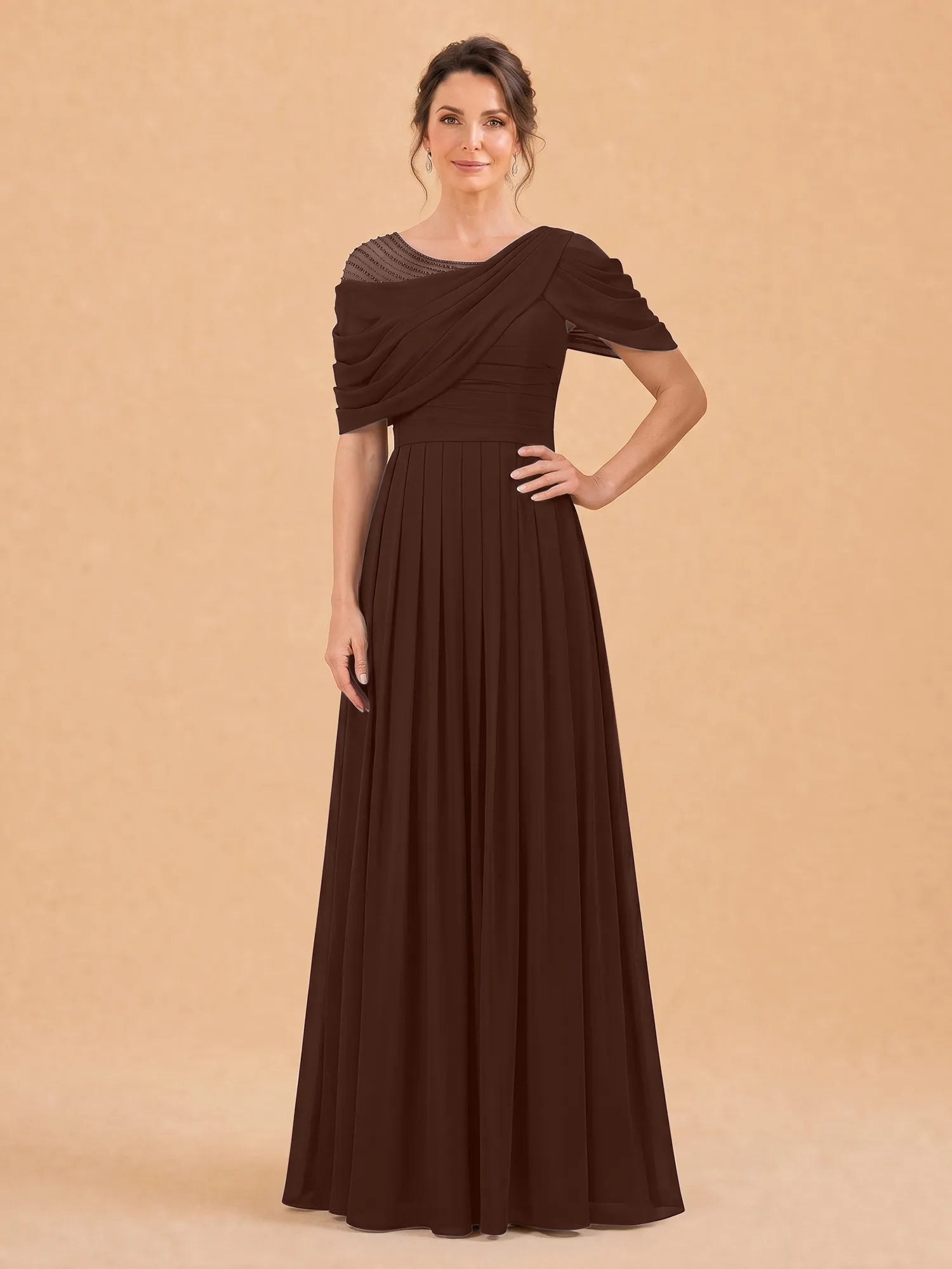 One-Shoulder Cape Overlay Chiffon Mother of the Bride Dress