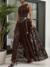 Midnight Black Lace Hollow Out Crew Neck Sleeveless A-Line Maxi Dress