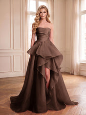 Formal Evening Tiered Dress Pink Strapless Maxi Gown