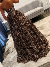 Brown Leopard Print Tiered Ruffle Long Prom Dress