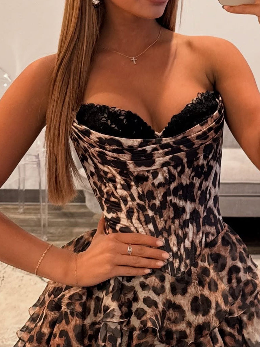 Brown Leopard Print Tiered Ruffle Long Prom Dress