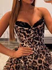 Brown Leopard Print Tiered Ruffle Long Prom Dress