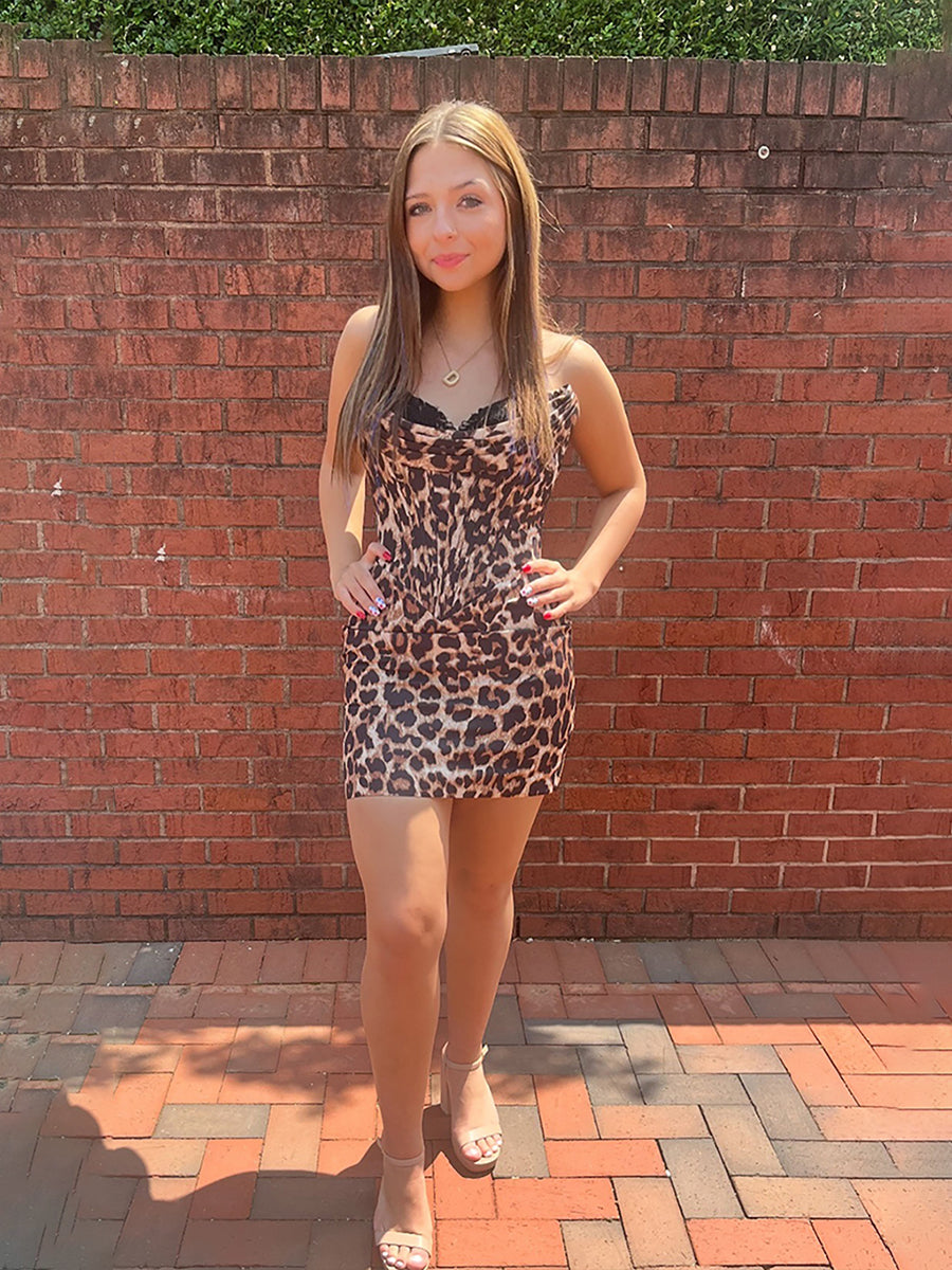 Brown Tight Leopard Printed Short  Homecoming Dress with Lace