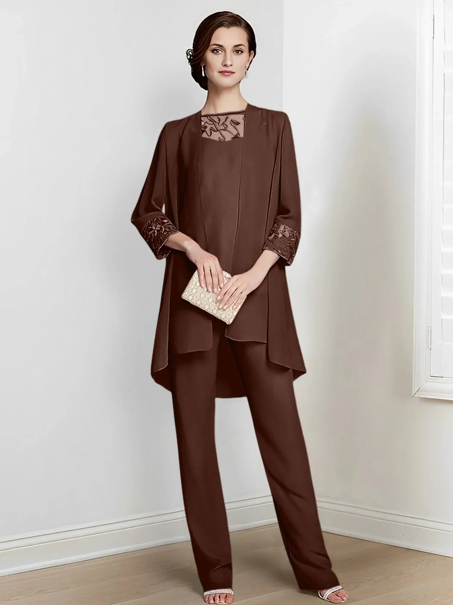 Tailleur-pantalon en mousseline à manches longues pour mère de la mariée avec veste 