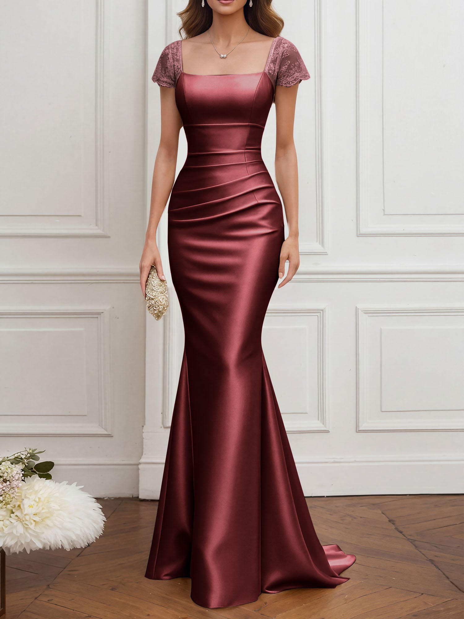 Mother of the Bride Dress Champagne Satin Square Neck Maxi Dress