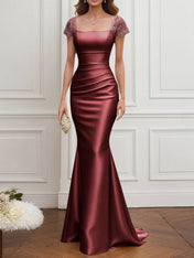 Mother of the Bride Dress Champagne Satin Square Neck Maxi Dress
