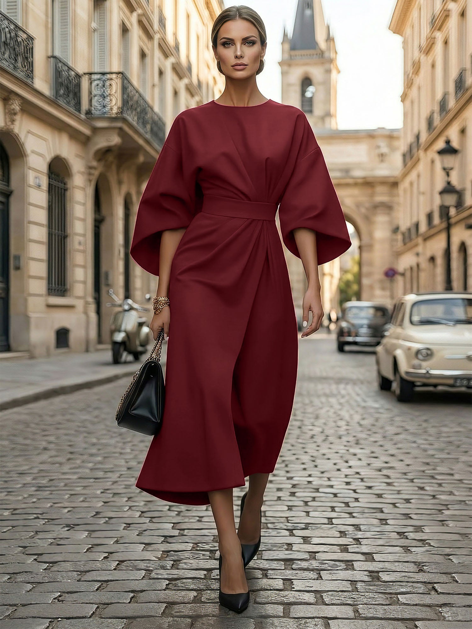 Loose Batwing Sleeve Dress Tight Waist Solid Color Elegant Dresses