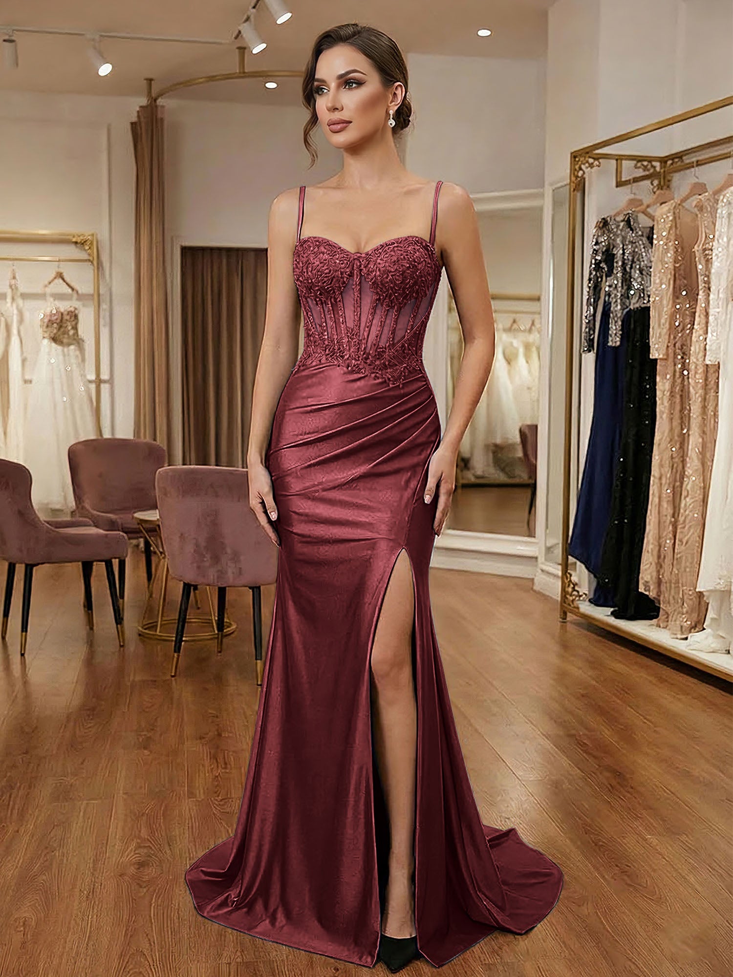 Black Beaded Corset Satin Long Prom Dress with High Slit