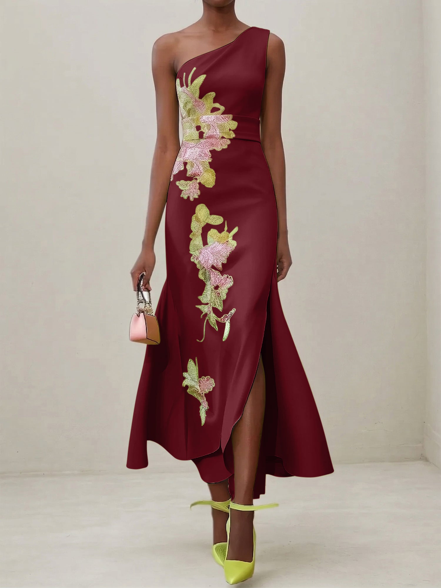 Green Floral One Shoulder Embroidered Cap Sleeve Slit Sheath Maxi Dress
