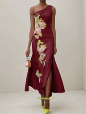 Green Floral One Shoulder Embroidered Cap Sleeve Slit Sheath Maxi Dress