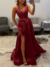 Glitzerndes hellblaues A-Linien Korsett-Ballkleid mit Statement-Schleife
