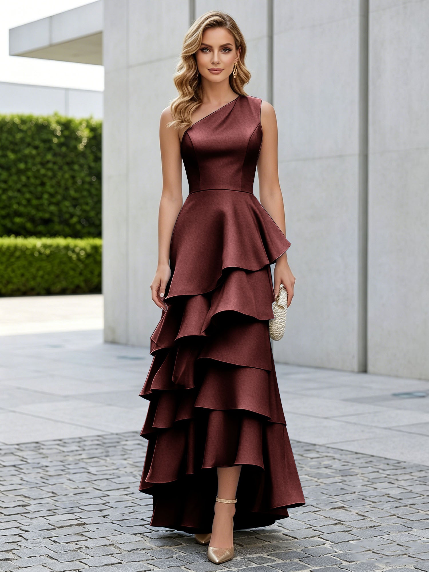 One Shoulder Tiered Ruffle Satin Mermaid Evening Gown with Sculptural Layers