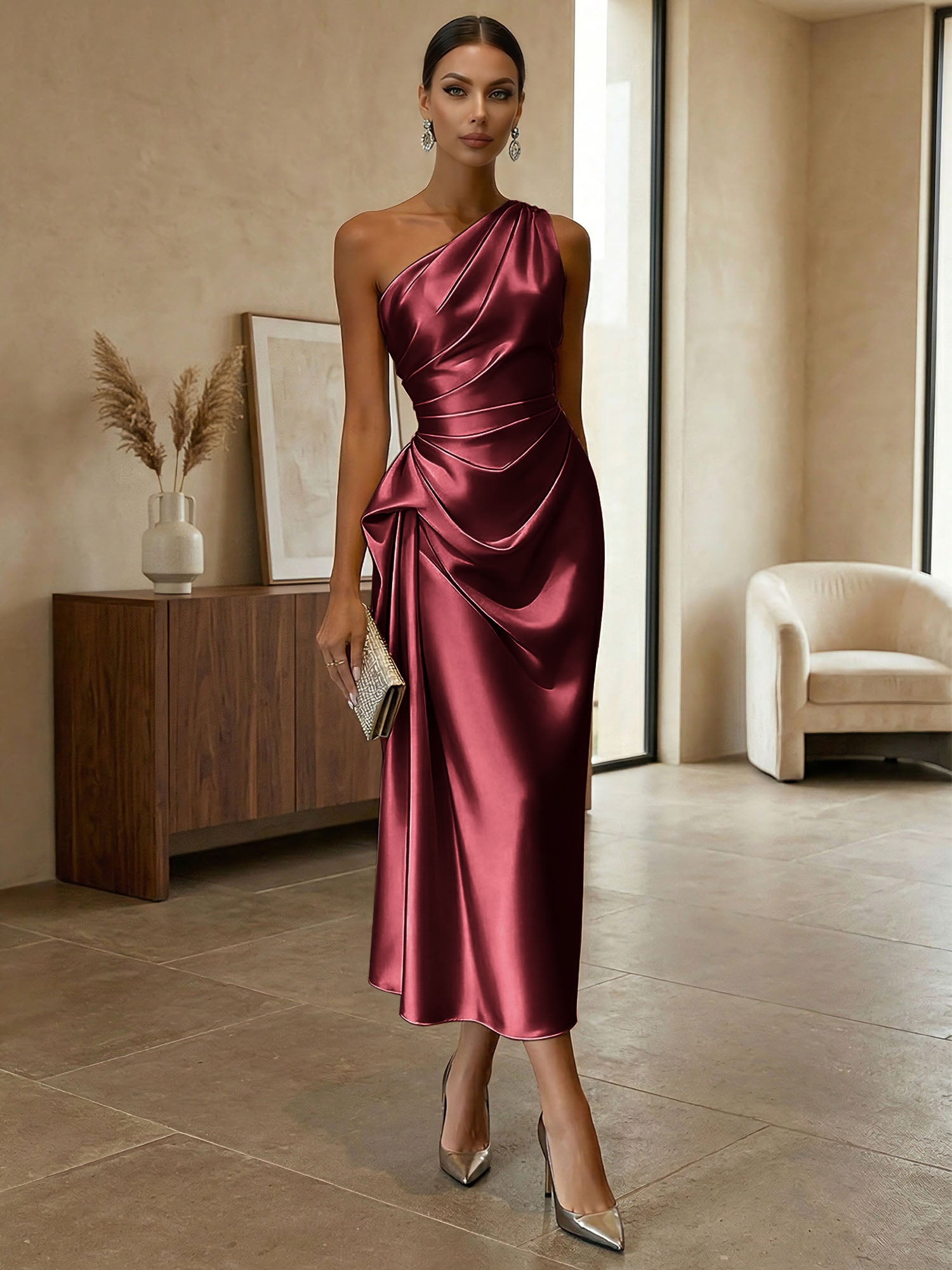 Champagne Ruched Satin One Shoulder Sleeveless Sheath Midi Dress