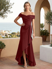 Off the Shoulder Pleat Satin High Low Mermaid Evening Dresses for Women