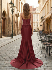 Purple Mermaid Spaghetti Straps Satin Long Corset Appliqued Prom Dress