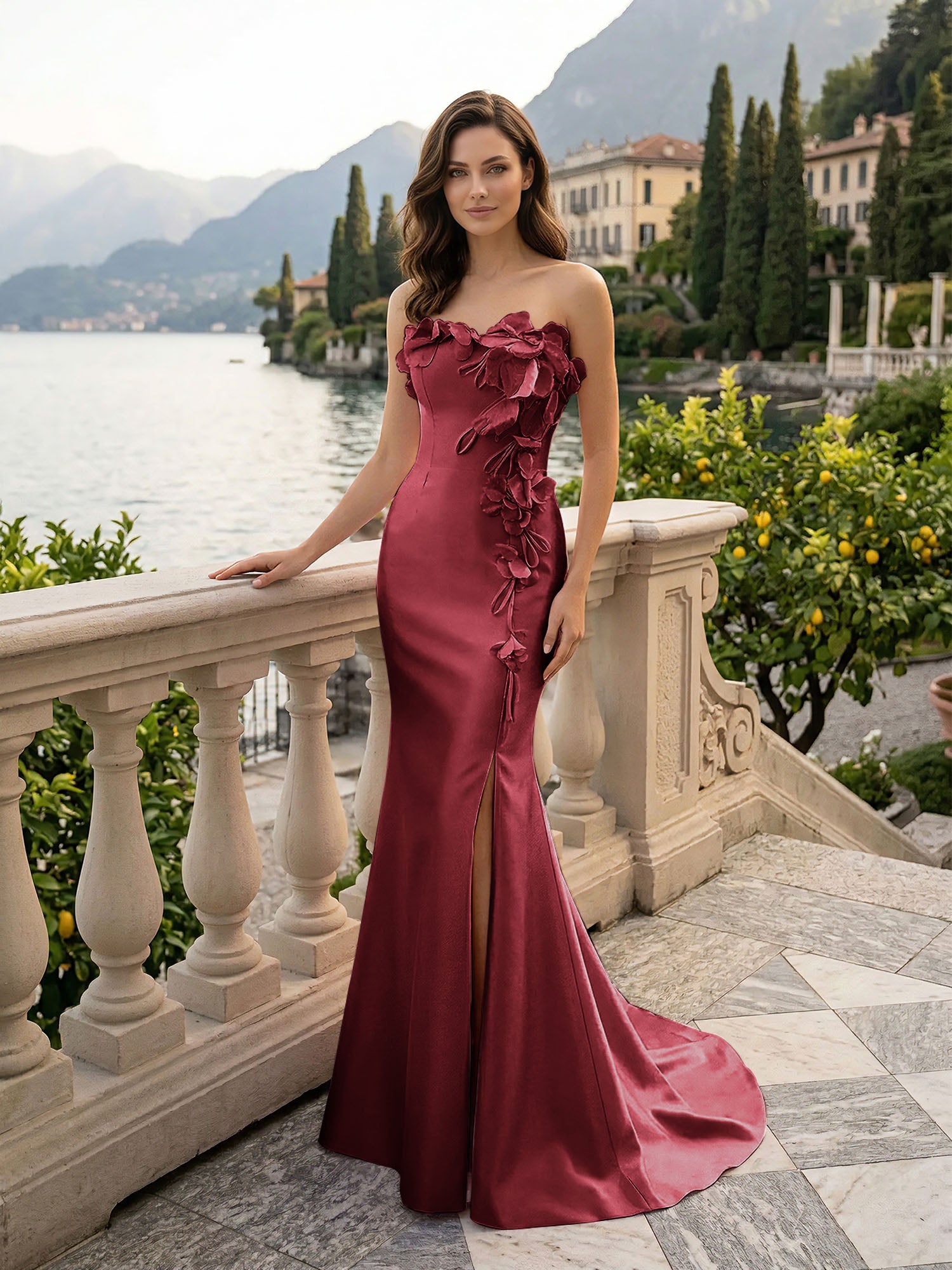 Pink Sweetheart Neckline 3D Flower Embellished Mermaid Evening Gown Maxi Dress