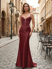 Purple Mermaid Spaghetti Straps Satin Long Corset Appliqued Prom Dress