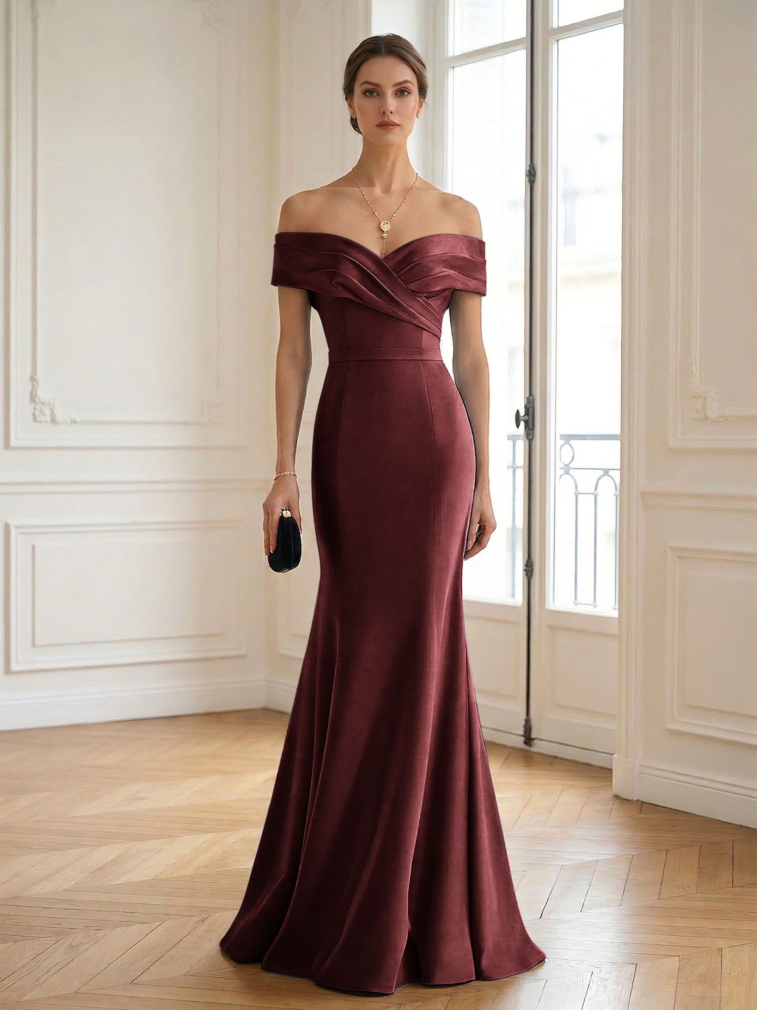 Formal Wedding Guest Dress Navy Off Shoulder Maxi Mermaid Dress