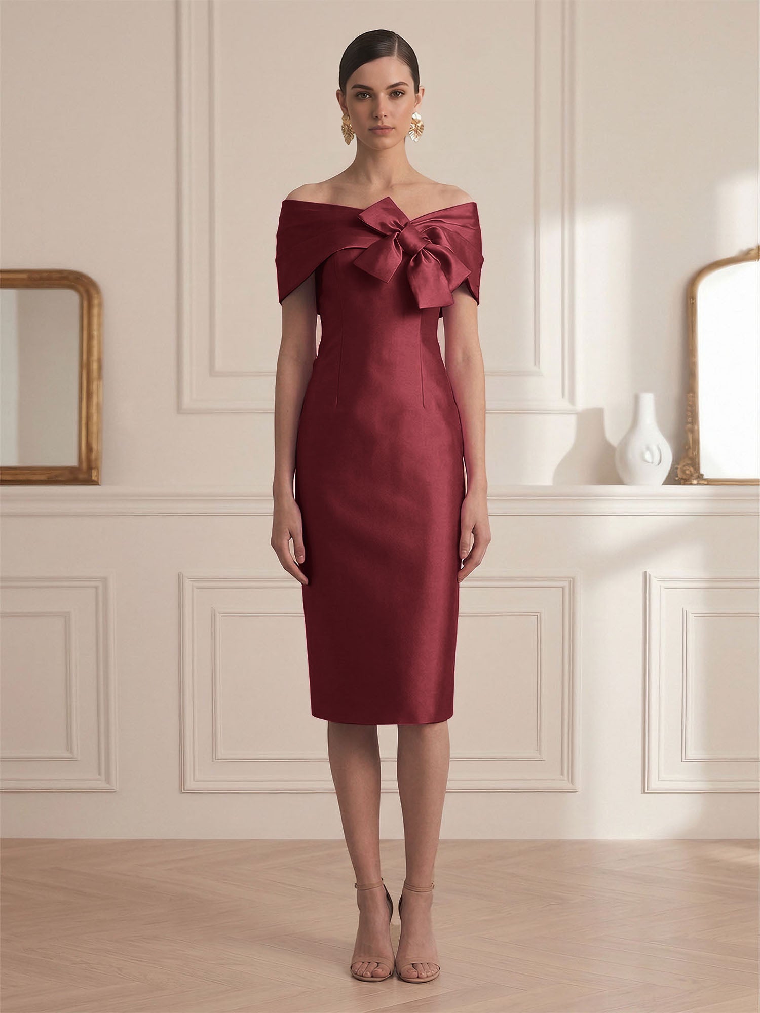 Chic Rose Red Off-the-Shoulder Bow Satin Sheath Midi Dress