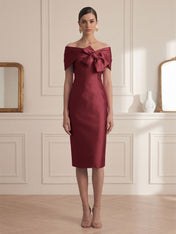 Chic Rose Red Off-the-Shoulder Bow Satin Sheath Midi Dress