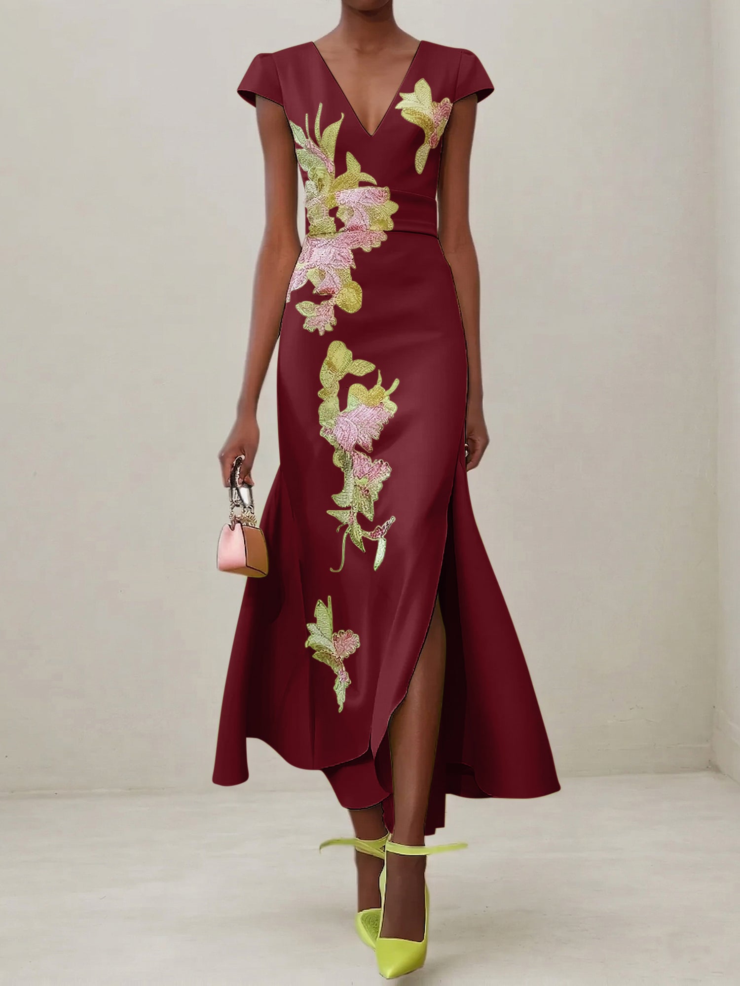 Green Floral V Neck Embroidered Cap Sleeve Slit Sheath Maxi Dress