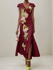 Green Floral V Neck Embroidered Cap Sleeve Slit Sheath Maxi Dress