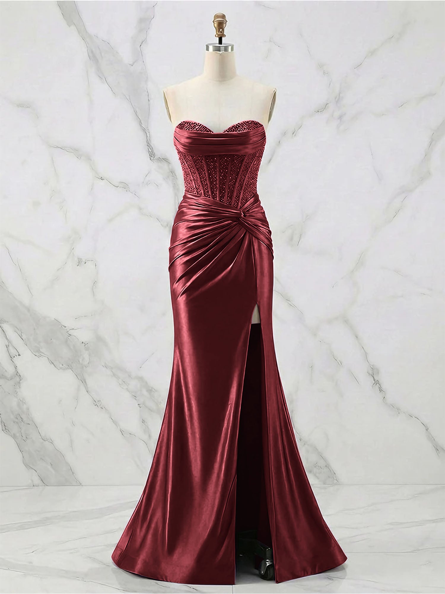 Glamorous Strapless Beaded Corset Satin Prom Dress with Slit