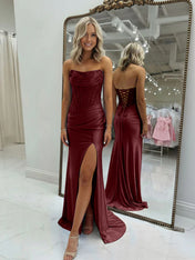 Bodycon Scoop Neck Satin Long Prom Dress with Slit