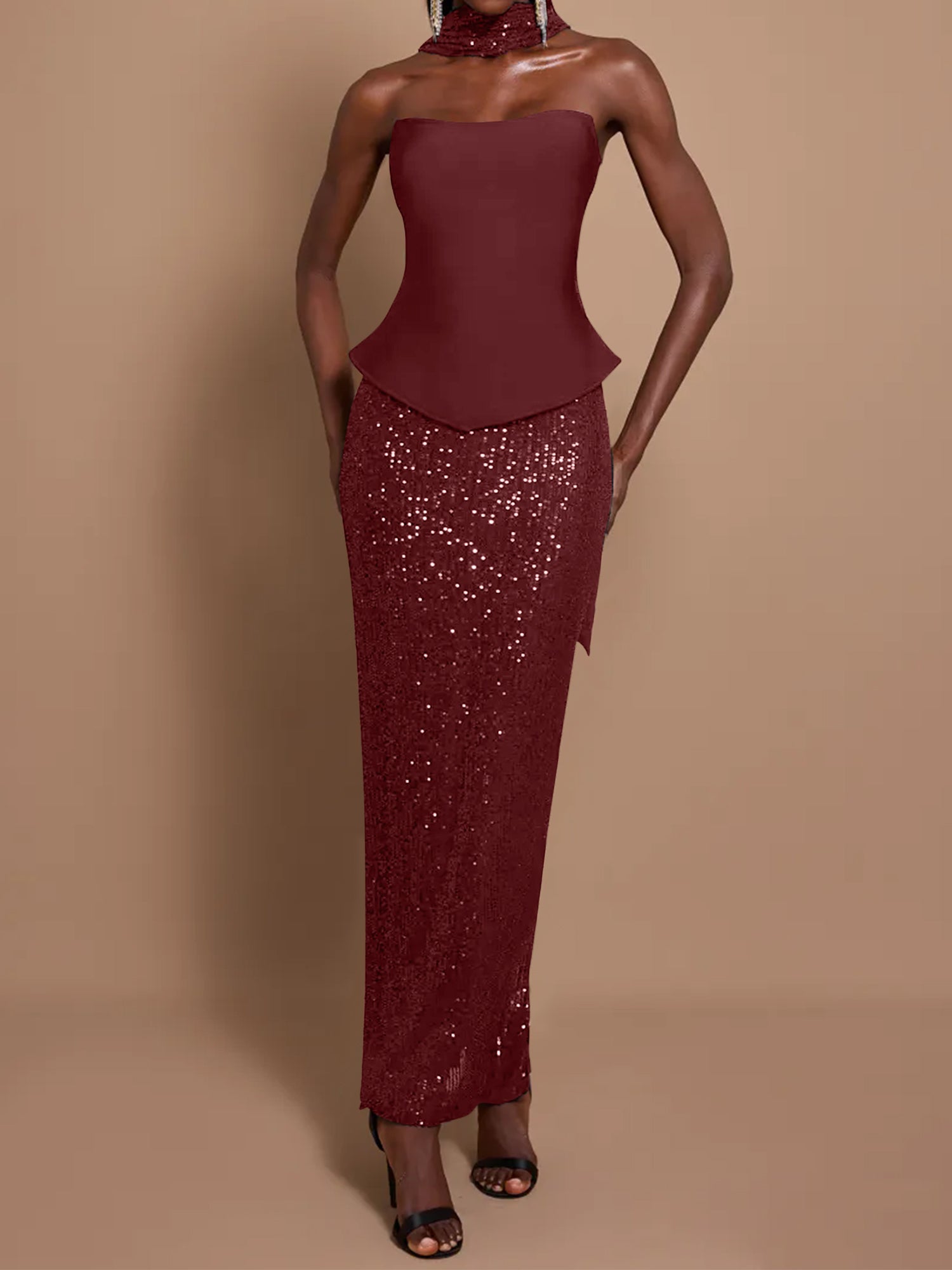 Off-Shoulder Bandage Top & Sequin Midi Skirt Set