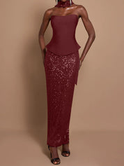 Off-Shoulder Bandage Top & Sequin Midi Skirt Set