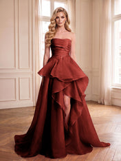 Formal Evening Tiered Dress Pink Strapless Maxi Gown
