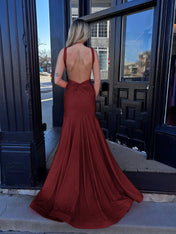 Coral Plunging V-Neck Sheath Prom Dress with Slit