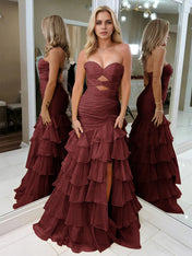 Yellow Strapless Mermaid Cutouts Ruffled Tiered Corset Back Prom Dress with Slit