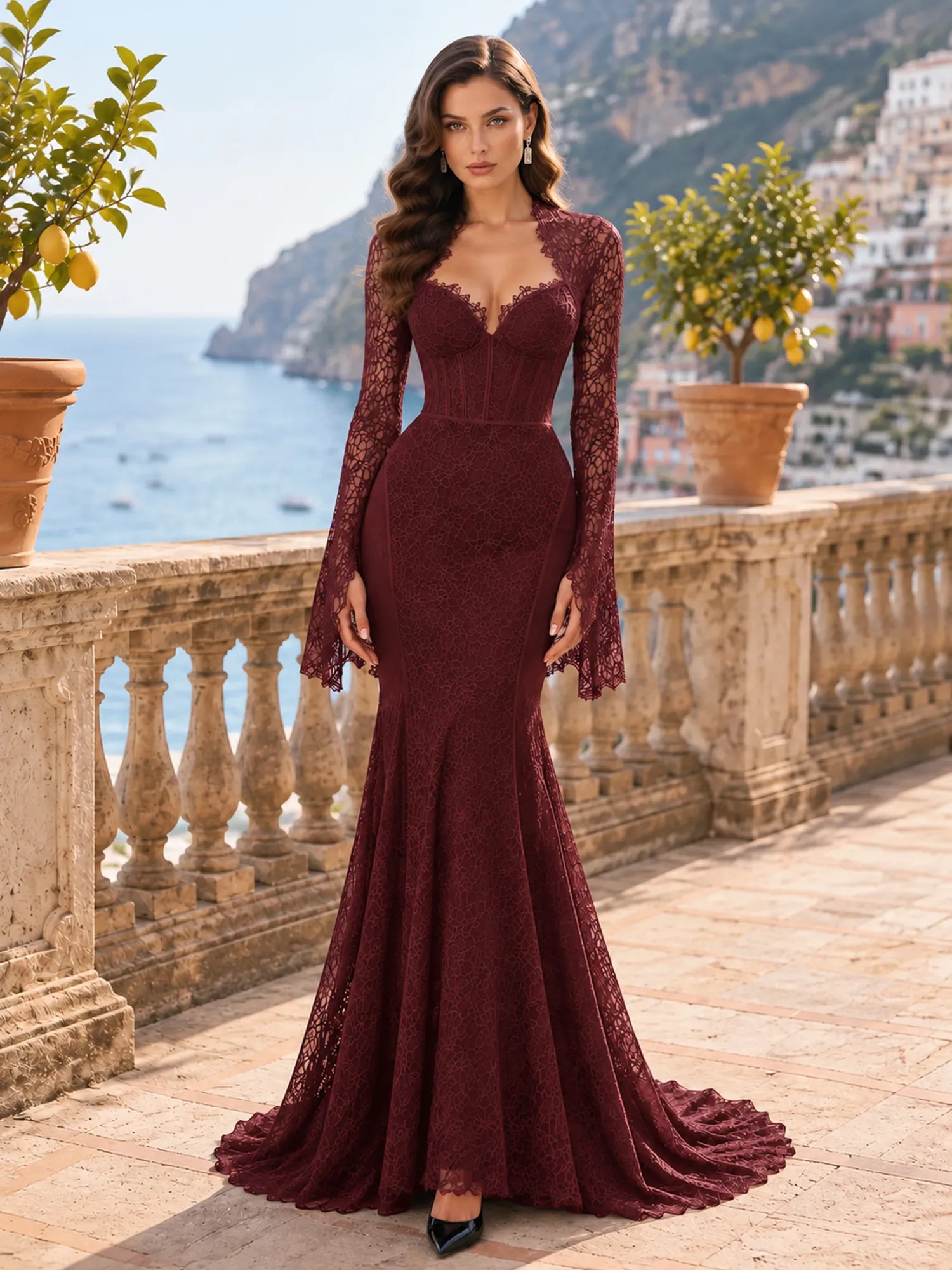 Long-Sleeve Lace-Trimmed Mermaid Evening Dress
