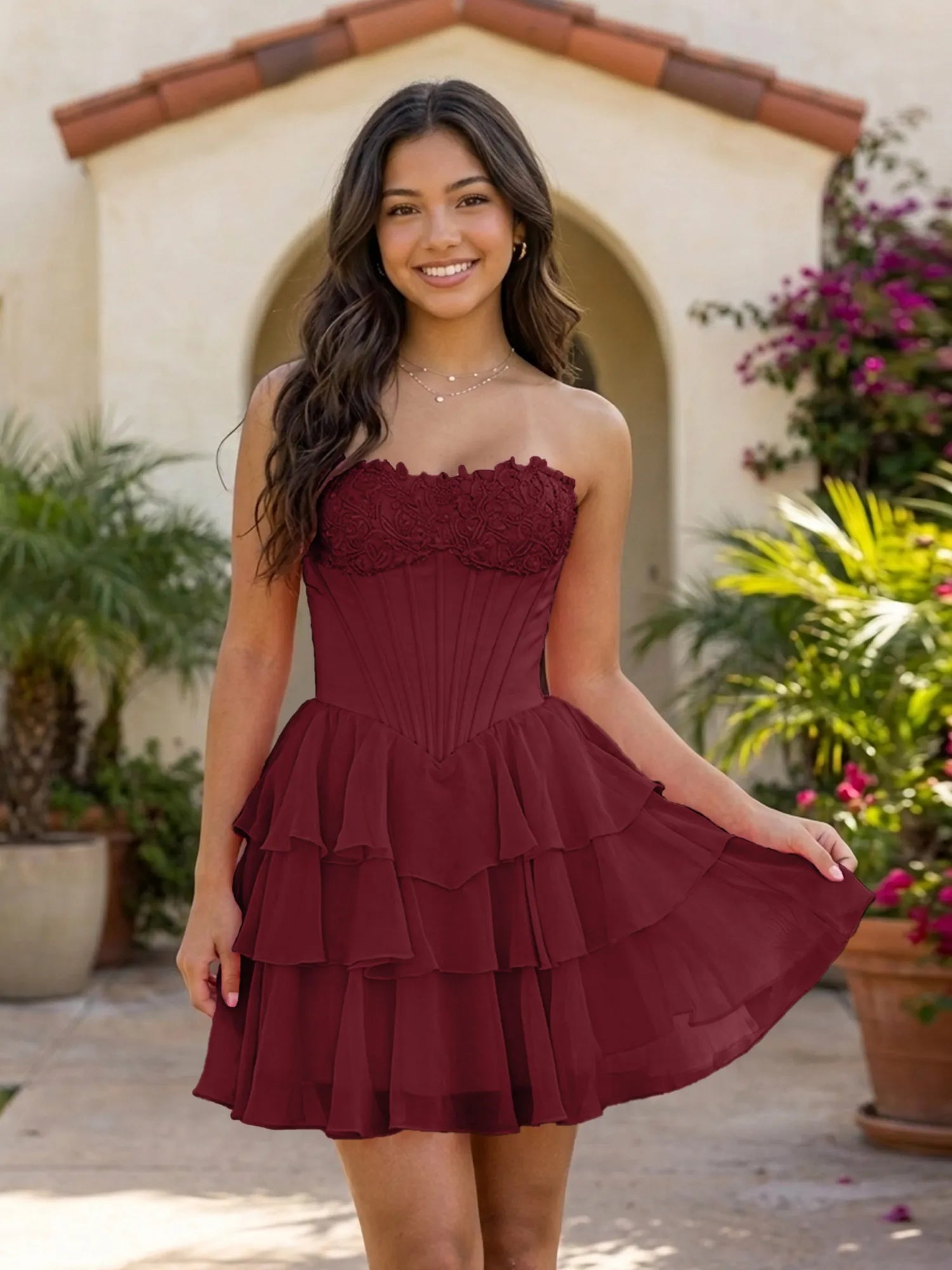 Pink Lace Strapless Corset Mini Dress Tiered Chiffon Skirt Lace Up Back Homecoming Dresses